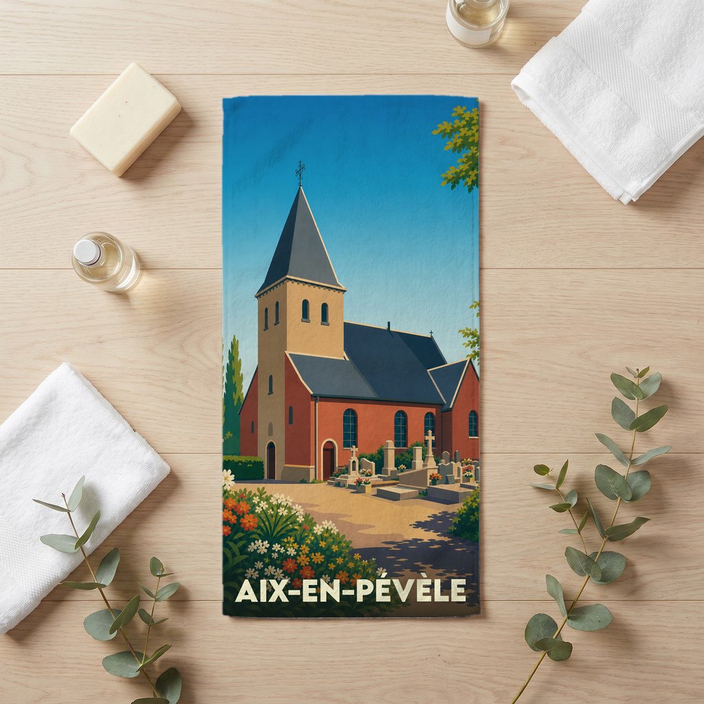 Serviette de bain souvenir de la ville de Aix-en-Pévèle avec une illustration stylisée de son église.