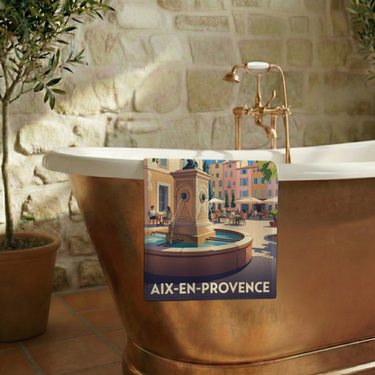 Serviette de bain souvenir de la ville d'Aix-en-Provence avec une illustration stylisée.