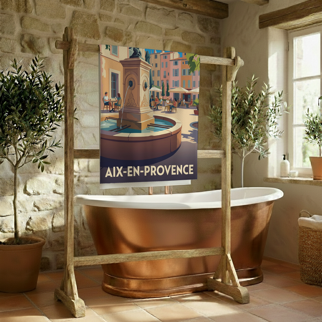 Serviette de bain souvenir de la ville d'Aix-en-Provence avec une illustration stylisée d'une fontaine provençale.