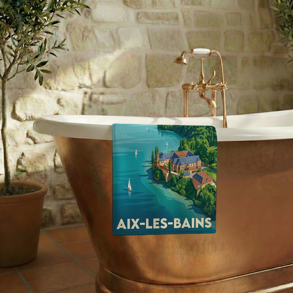 Serviette de bain souvenir de la ville d'Aix-les-Bains avec une illustration stylisée.