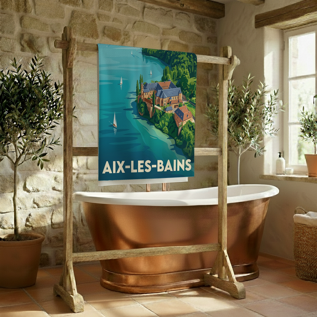Serviette de bain souvenir de la ville d'Aix-les-Bains avec une illustration stylisée du lac et de son paysage.