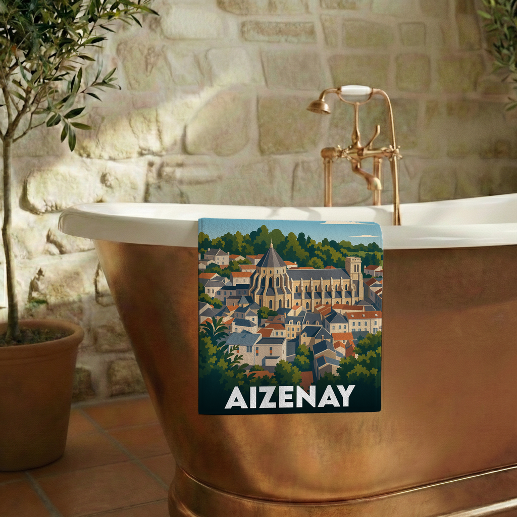 Serviette de bain souvenir de la ville d'Aizenay avec une illustration stylisée.