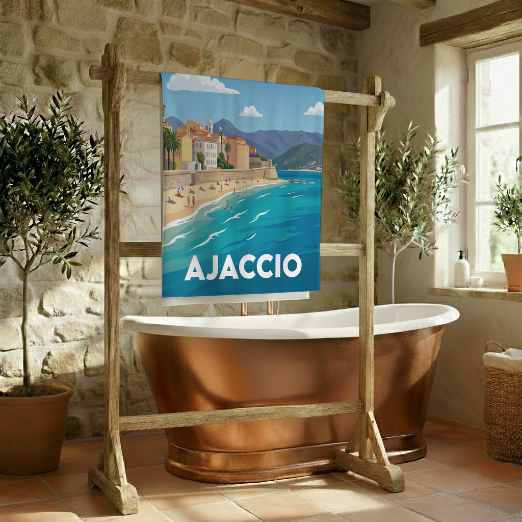 Serviette de bain souvenir de la ville d'Ajaccio avec une illustration stylisée.