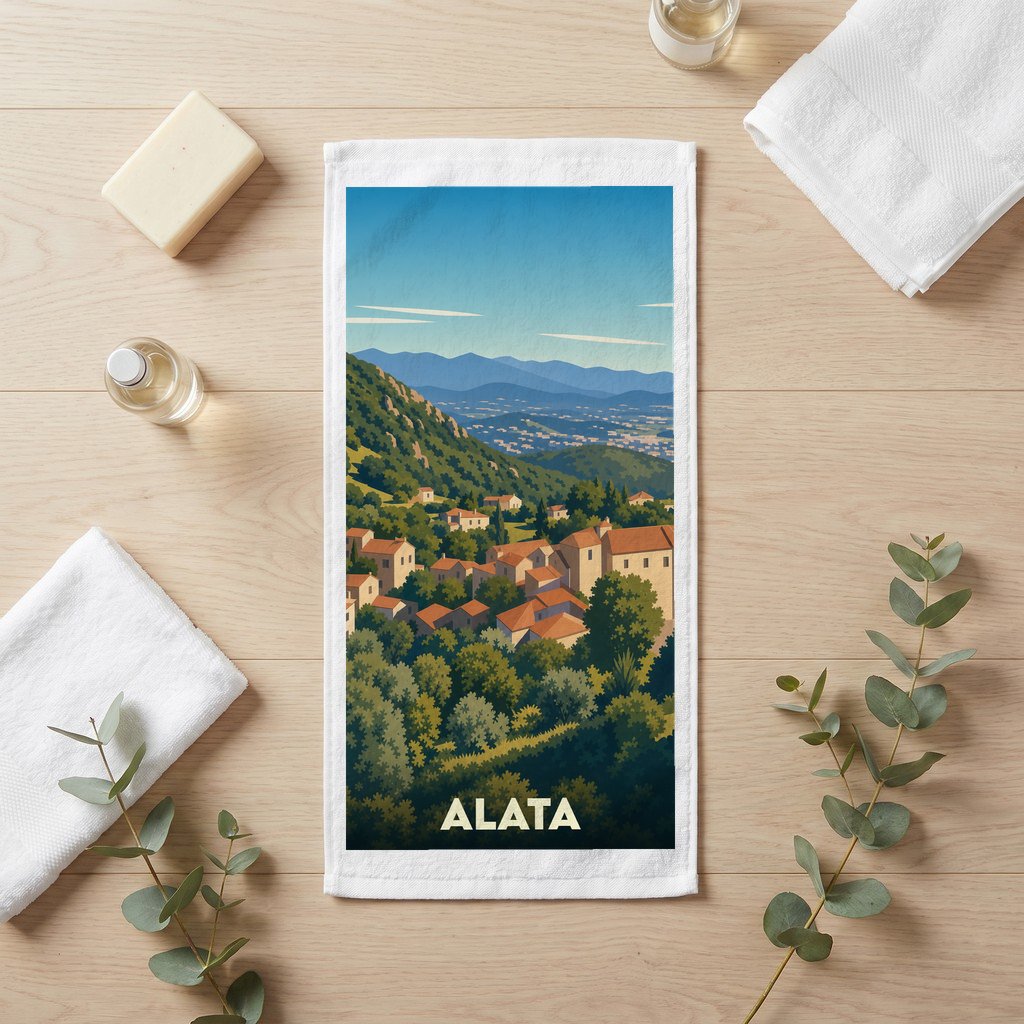 Serviette de bain souvenir de la ville de Alata avec une illustration stylisée de son paysage vallonné.