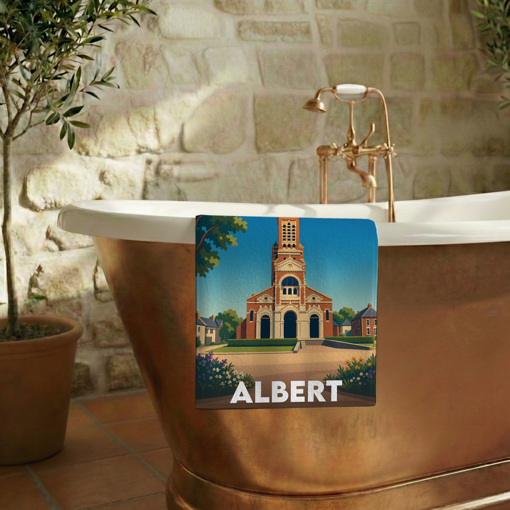 Serviette de bain souvenir de la ville d'Albert avec une illustration stylisée de sa basilique.