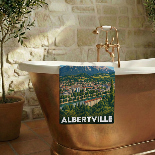 Serviette de bain souvenir de la ville d'Albertville avec une illustration stylisée.
