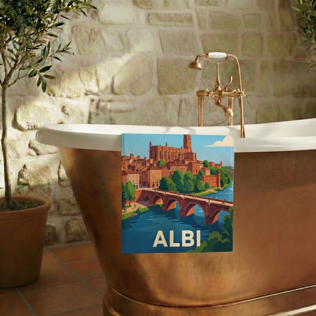 Serviette de bain souvenir de la ville d'Albi avec une illustration stylisée.