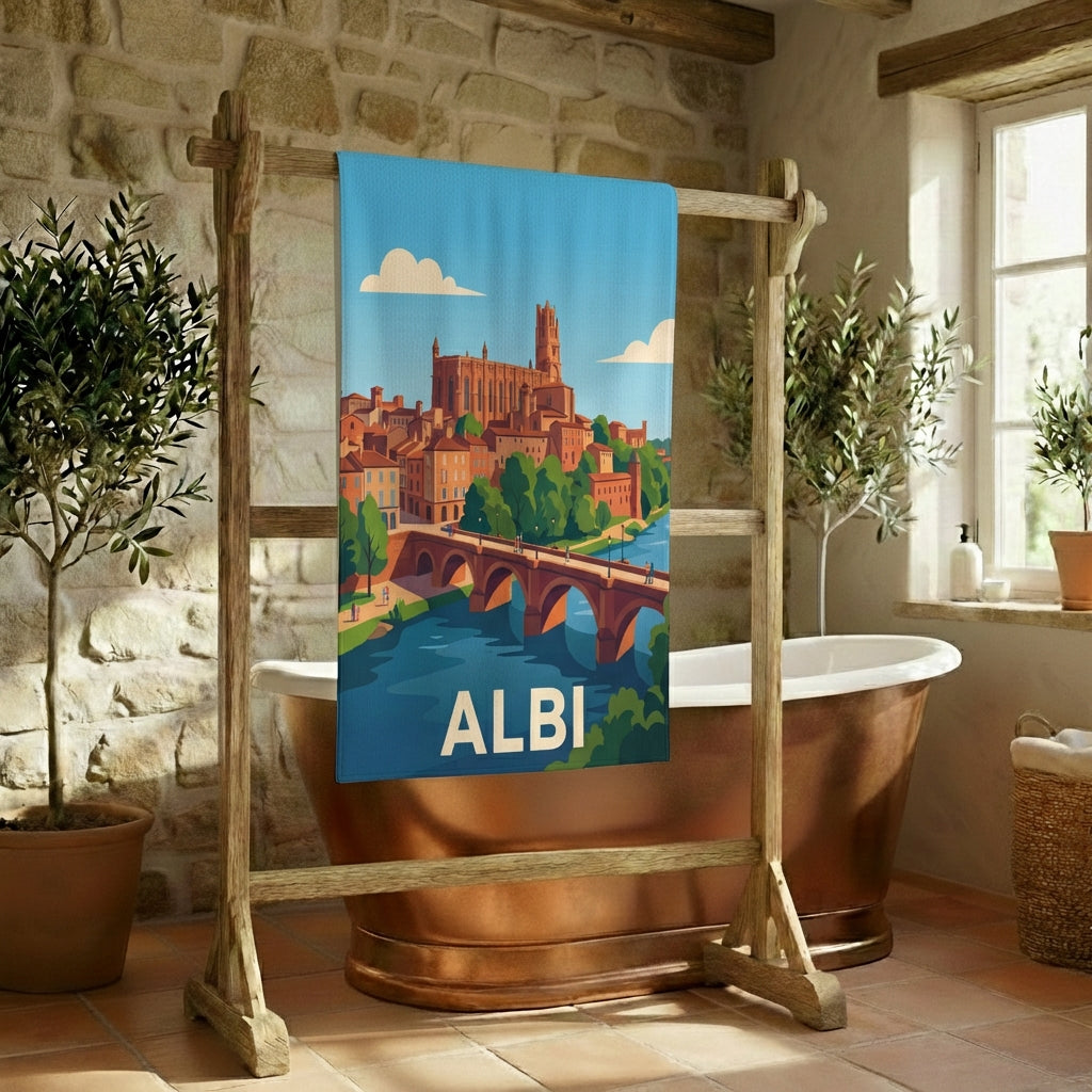 Serviette de bain souvenir de la ville d'Albi avec une illustration stylisée.