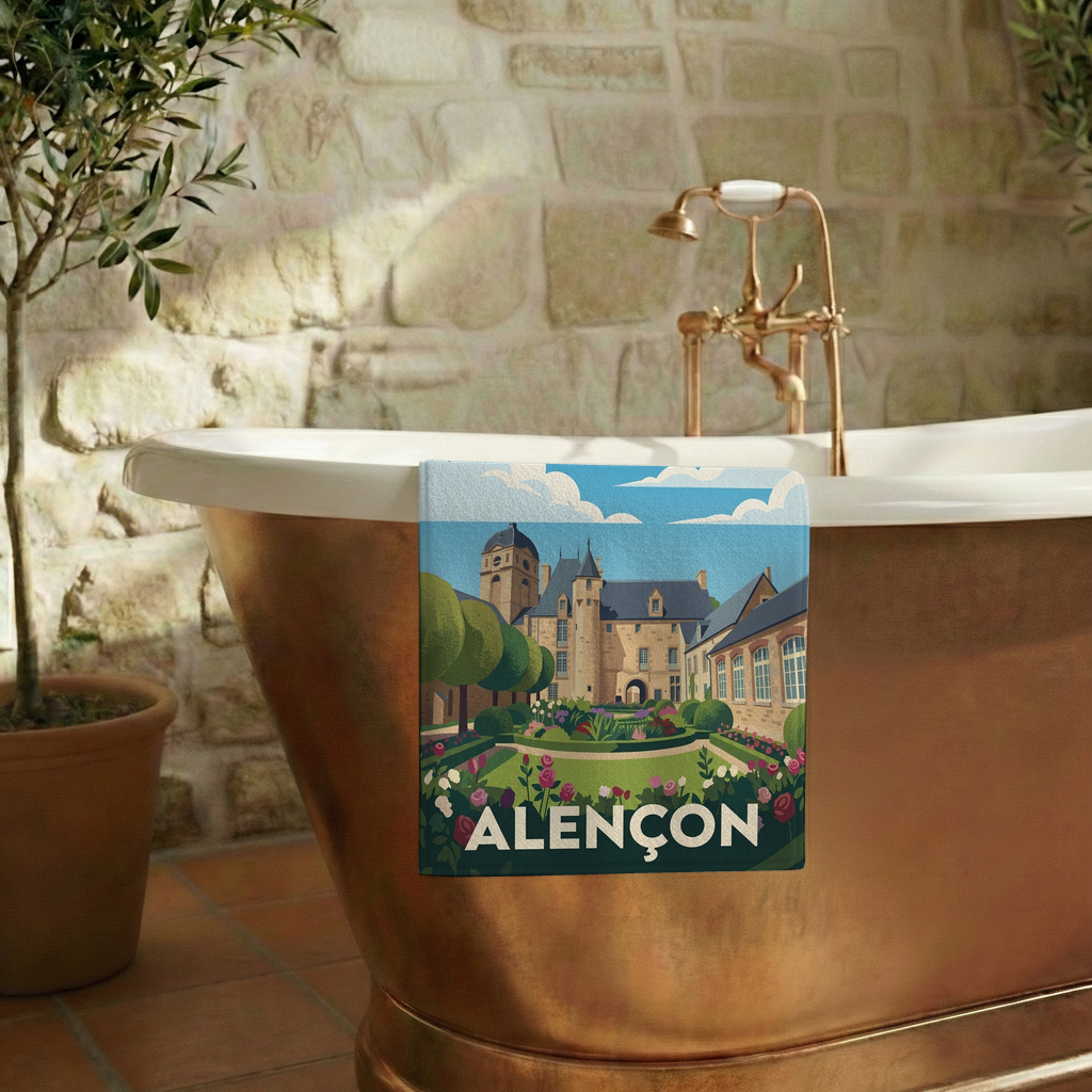 Serviette de bain souvenir de la ville d'Alençon avec une illustration stylisée de son patrimoine architectural.