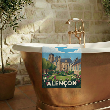 Serviette de bain souvenir de la ville d'Alençon avec une illustration stylisée de son patrimoine architectural.