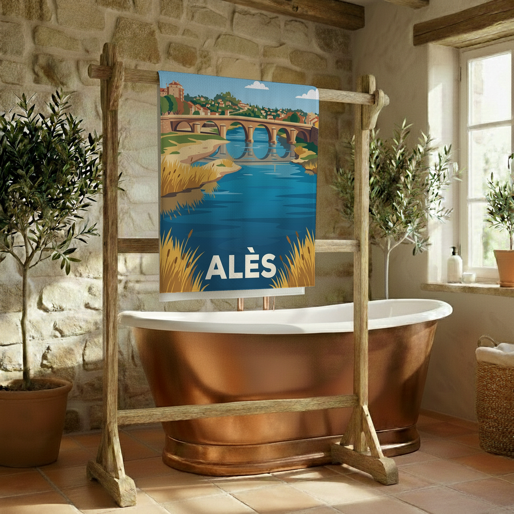 Serviette de bain souvenir de la ville d’Alès avec une illustration stylisée de son paysage.