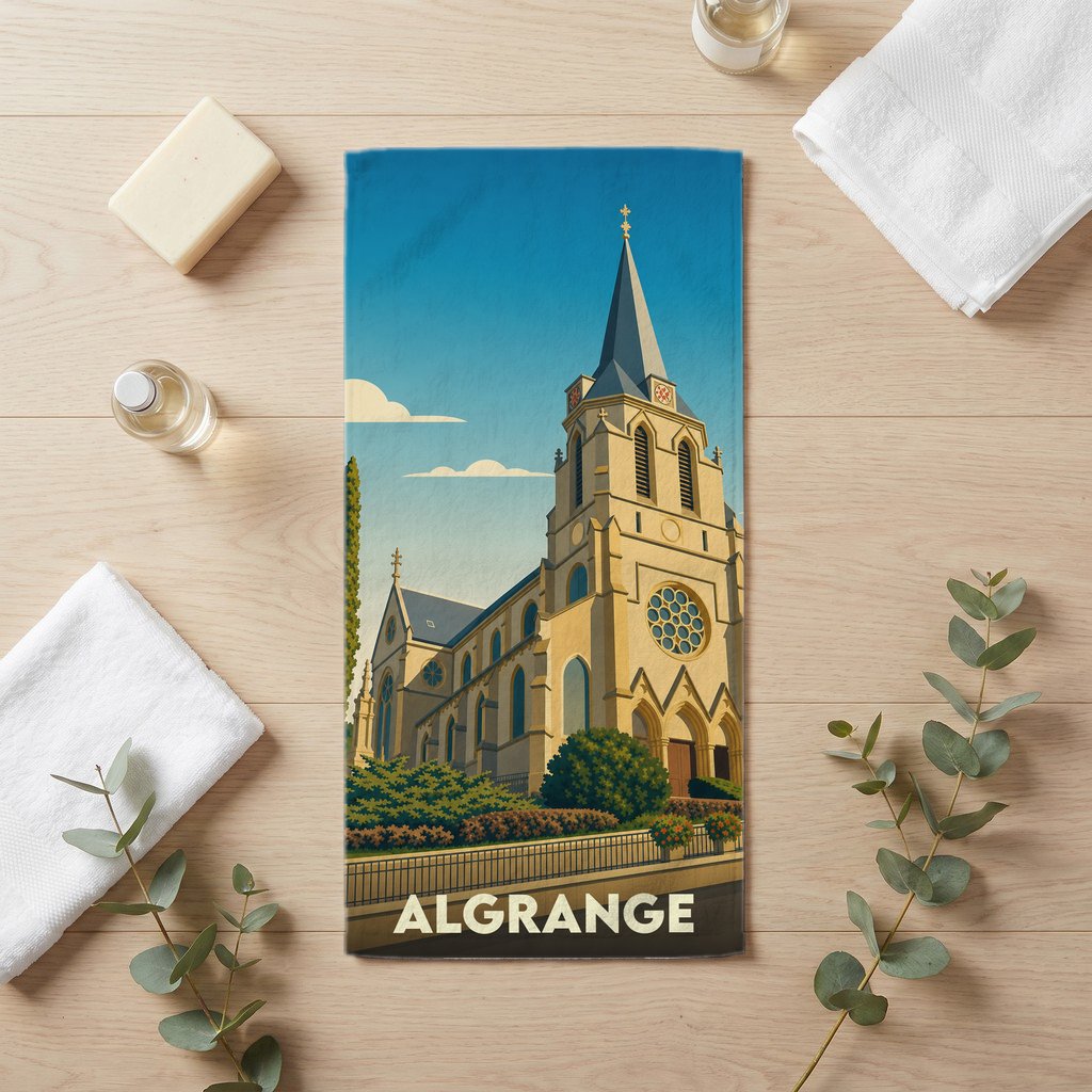 Serviette de bain souvenir de la ville d'Algrange avec une illustration stylisée de son église.