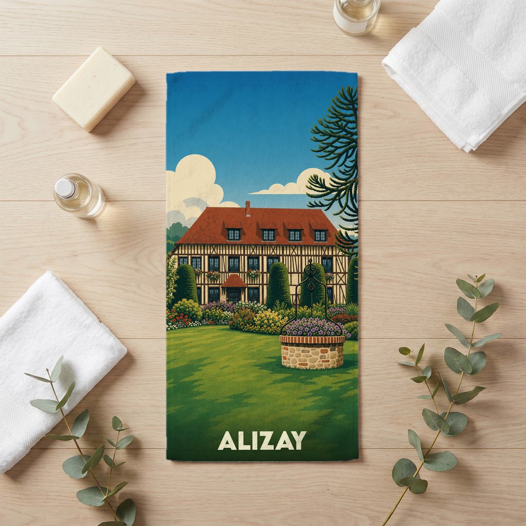 Serviette de bain souvenir de la ville d'Alizay avec une illustration stylisée d'un manoir normand et son jardin.