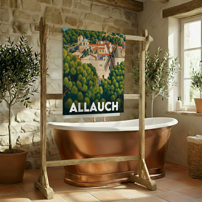 Serviette de bain avec une illustration stylisée de la ville de Allauch.