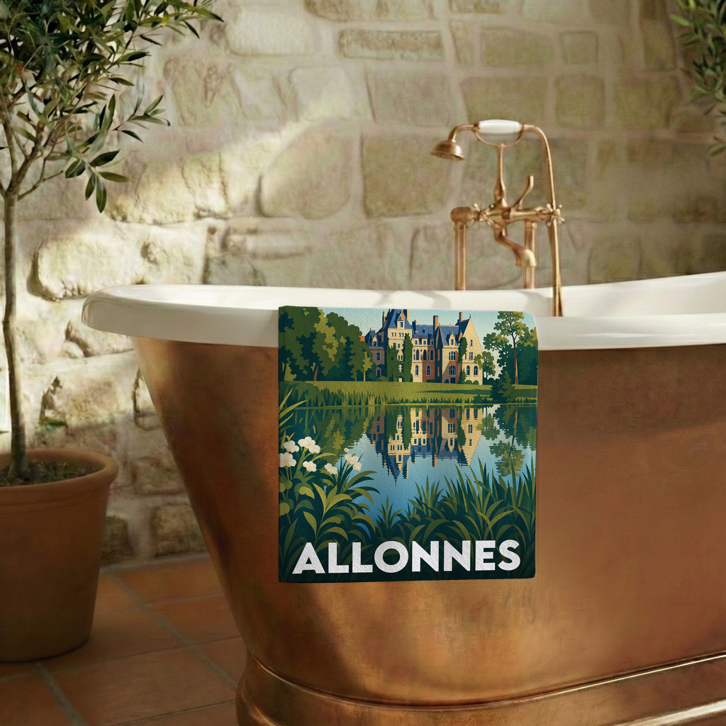 Serviette de bain souvenir de la ville d'Allonnes avec une illustration stylisée d'un château se reflétant dans l'eau.