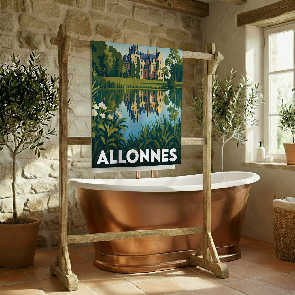 Serviette de bain souvenir de la ville de Allonnes avec une illustration stylisée d'un château se reflétant dans l'eau.