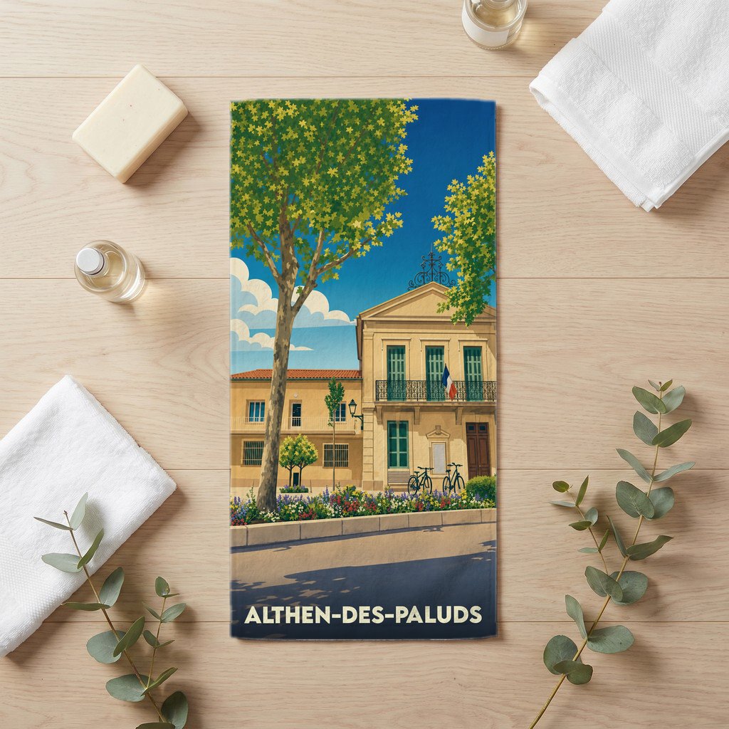 Serviette de bain souvenir de la ville d'Althen-des-Paluds avec une illustration stylisée de sa mairie et de platanes.