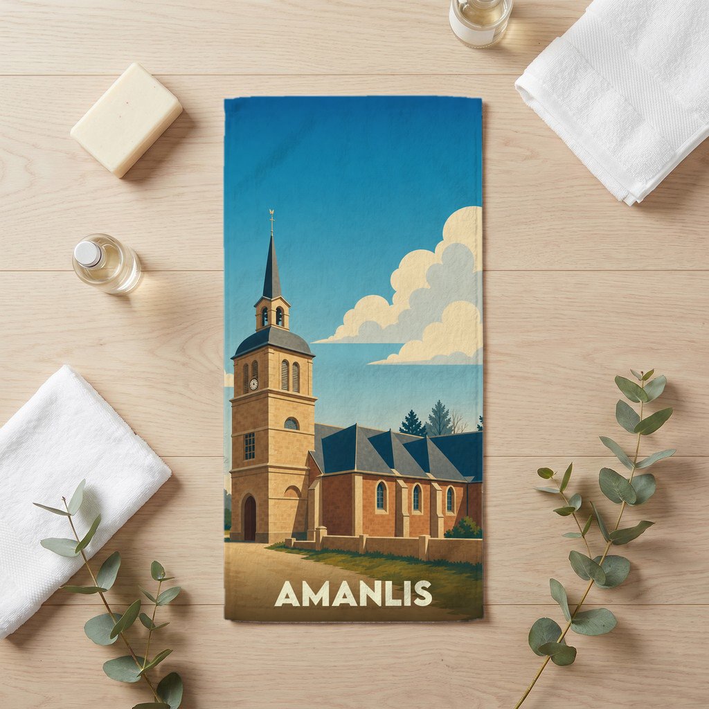 Serviette de bain souvenir de la ville d'Amanlis illustrée par son église sous un ciel azur.