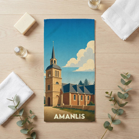 Serviette de bain souvenir de la ville d'Amanlis illustrée par son église sous un ciel azur.
