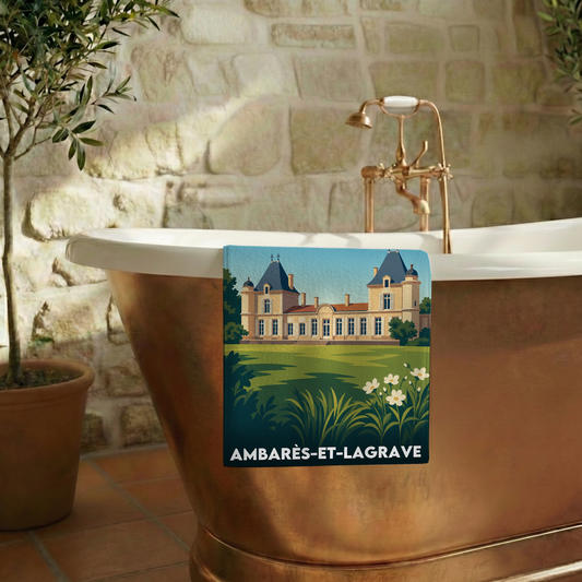 Serviette de bain souvenir de la ville d'Ambarès-et-Lagrave avec une illustration stylisée d'un château.