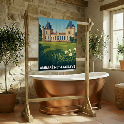 Serviette de bain souvenir de la ville d'Ambarès-et-Lagrave avec une illustration stylisée.