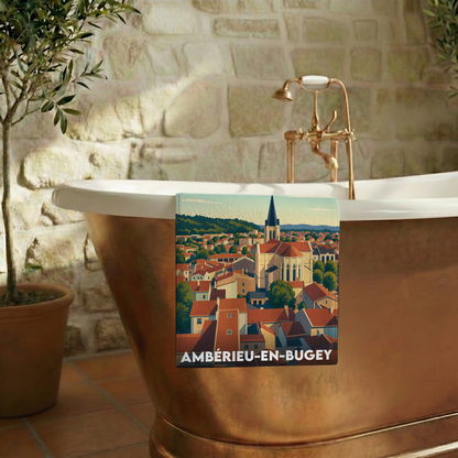 Serviette de bain souvenir de la ville d'Ambérieu-en-Bugey avec une illustration stylisée.