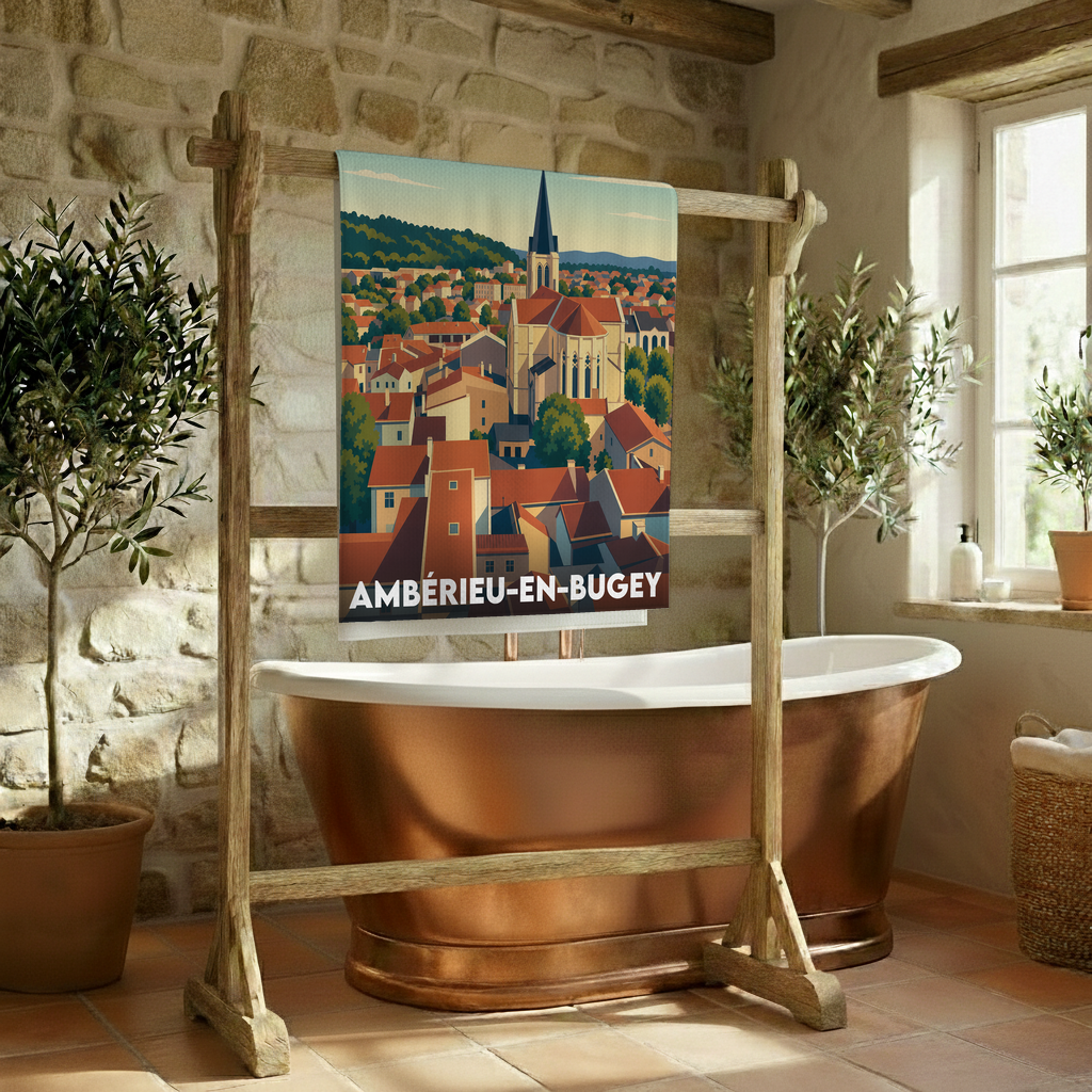 Serviette de bain souvenir de la ville d'Ambérieu-en-Bugey avec une illustration stylisée de son église et de ses toits.