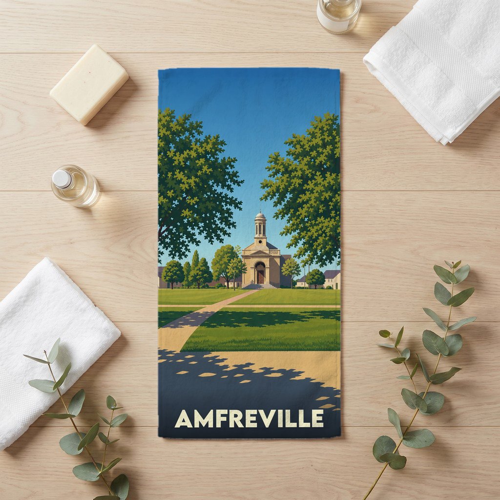 Serviette de bain souvenir de la ville d'Amfreville avec une illustration stylisée de son église.