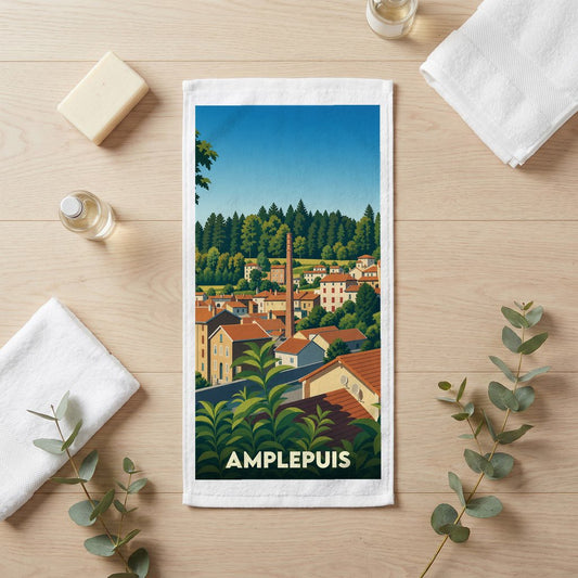 Serviette de bain souvenir de la ville d'Amplepuis avec une illustration stylisée.