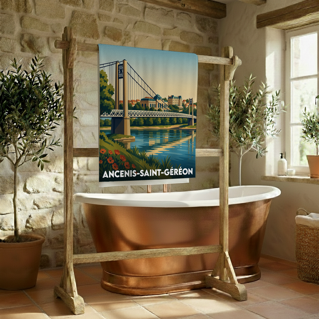 Serviette de bain souvenir de la ville d'Ancenis-Saint-Géréon avec une illustration stylisée de son pont suspendu.
