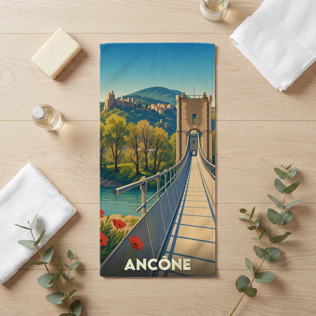 Serviette de bain souvenir de la ville d'Ancône avec une illustration stylisée d'un pont suspendu.
