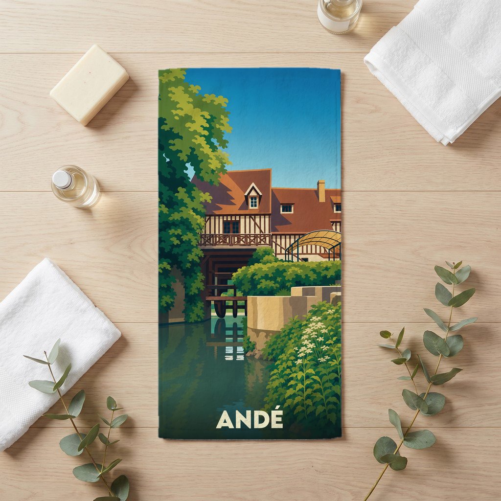 Serviette de bain souvenir de la ville de Andé avec une illustration stylisée d'un moulin au bord de l'eau.