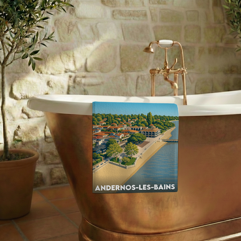 Serviette de bain souvenir de la ville d'Andernos-les-Bains avec une illustration stylisée du bord de mer.