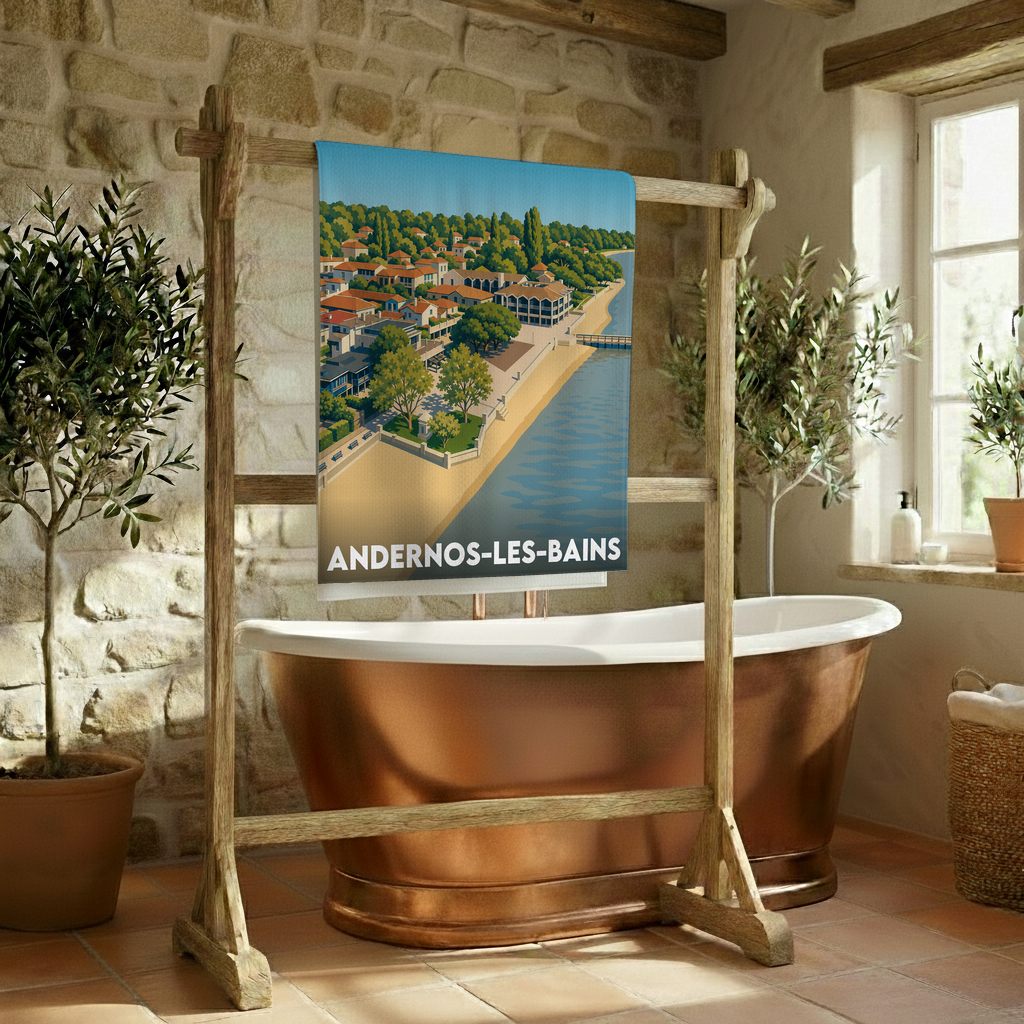 Serviette de bain souvenir d'Andernos-les-Bains avec une illustration stylisée.