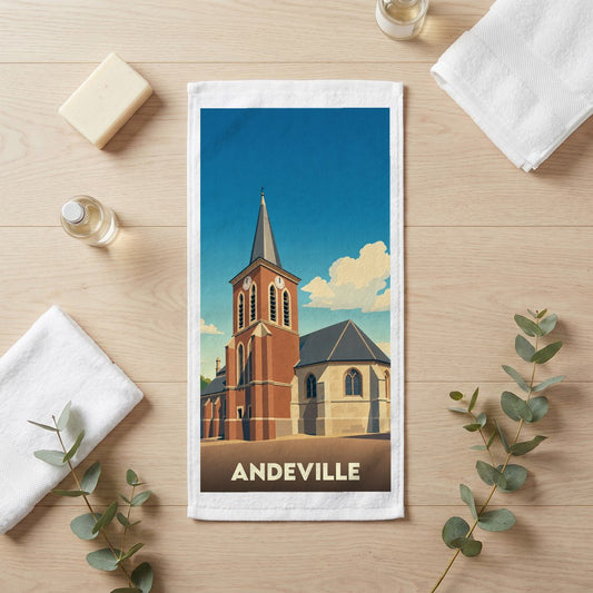 Serviette de bain souvenir de la ville de Andeville avec une illustration stylisée d'une église.