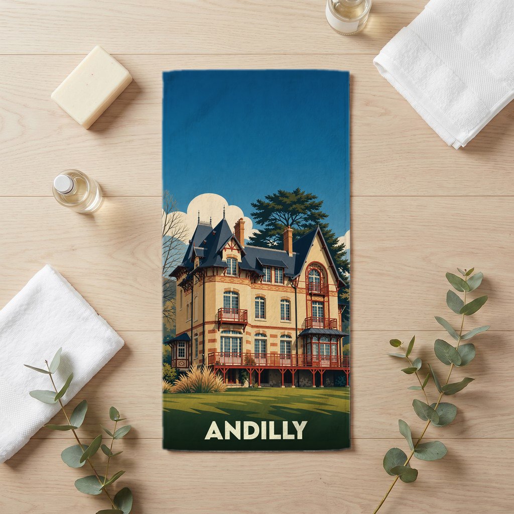 Serviette de bain souvenir de la ville d'Andilly avec une illustration stylisée d'une villa.