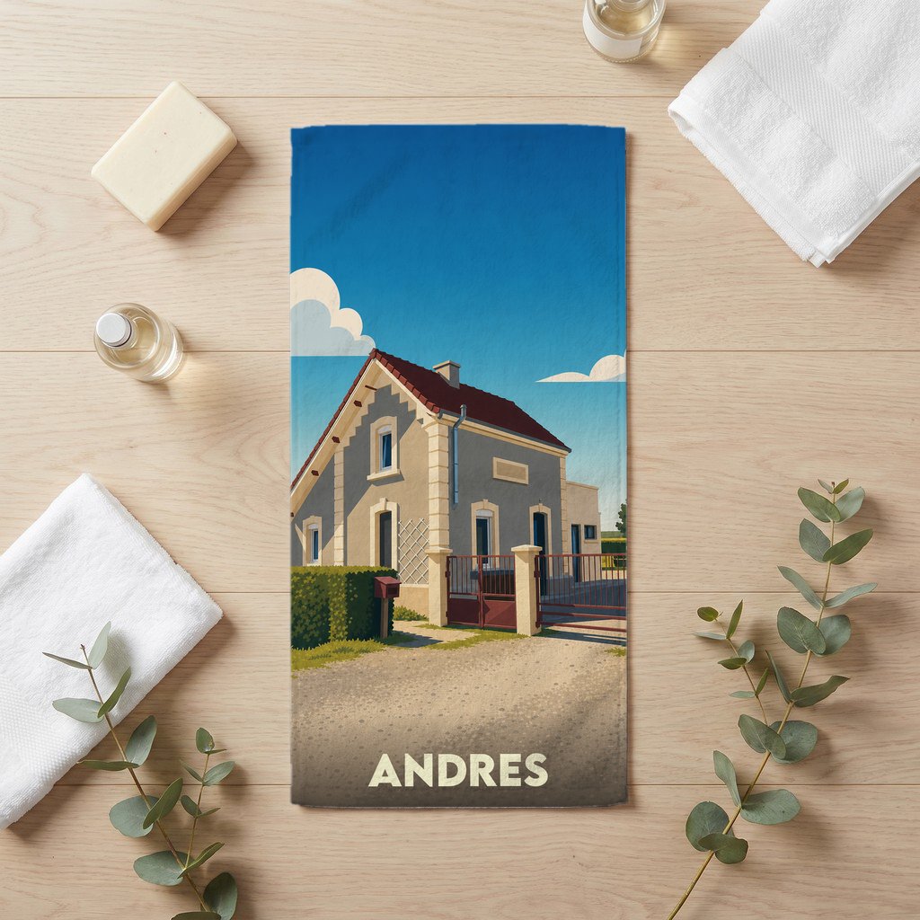 Serviette de bain souvenir de la ville de Andres avec une illustration stylisée.