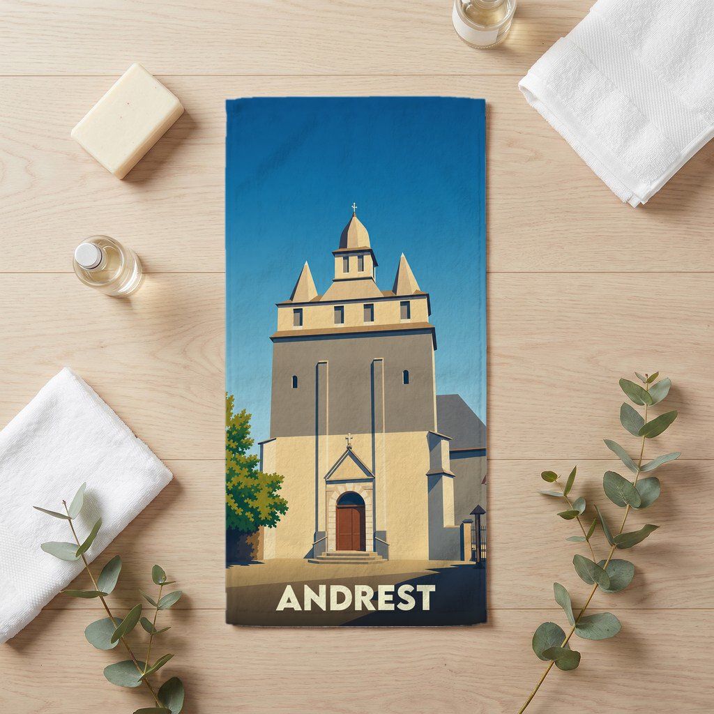 Serviette de bain souvenir de la ville d'Andrest avec une illustration stylisée de son église.