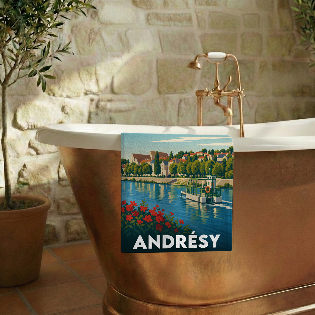 Serviette de bain souvenir de la ville d'Andrésy avec une illustration stylisée.