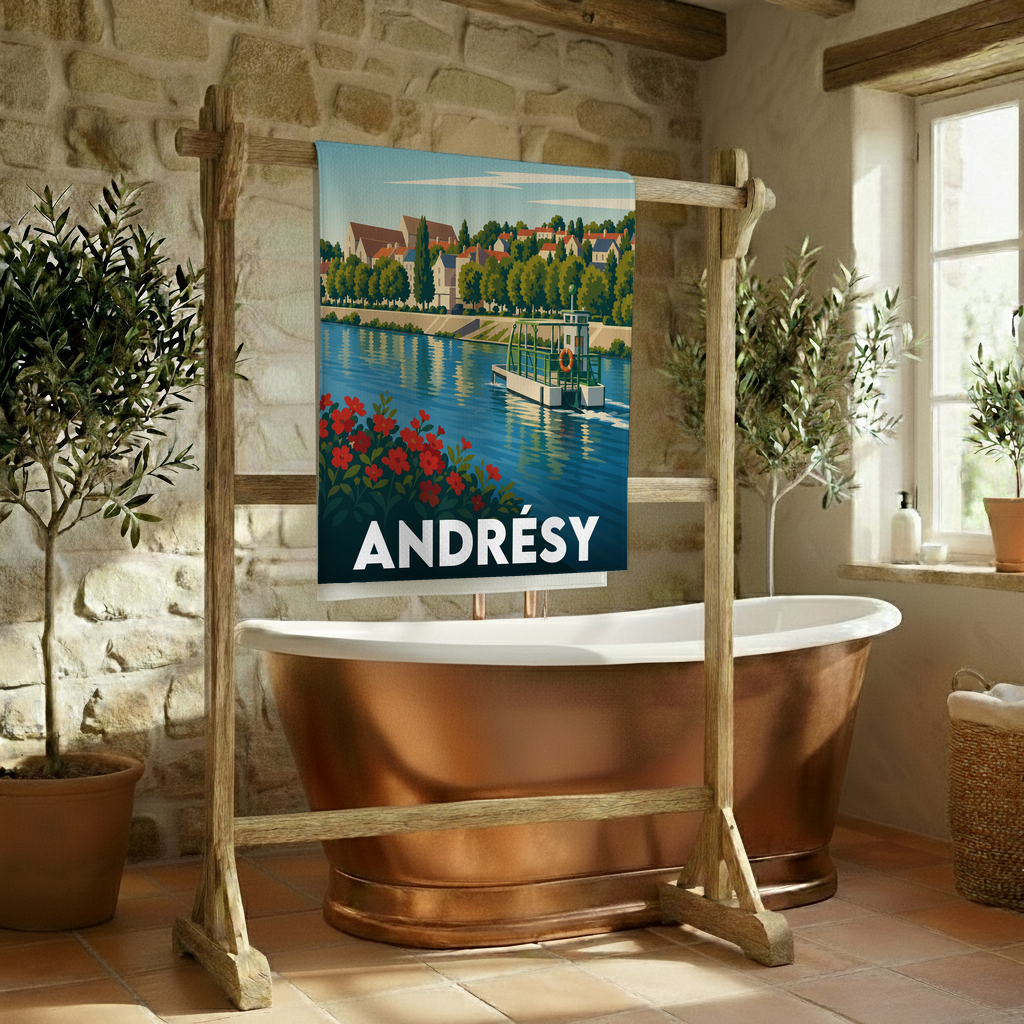 Serviette de bain souvenir de la ville d'Andrésy avec une illustration stylisée.