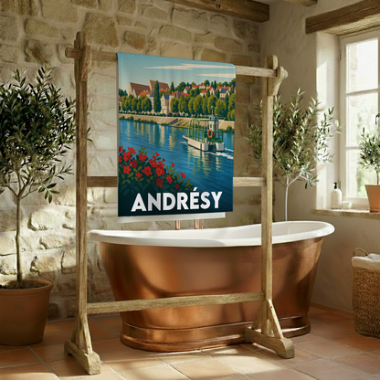 Serviette de bain souvenir de la ville d'Andrésy avec une illustration stylisée.