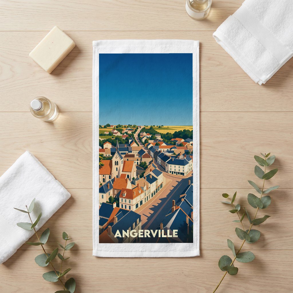 Serviette de bain souvenir de la ville d'Angerville avec une illustration stylisée.