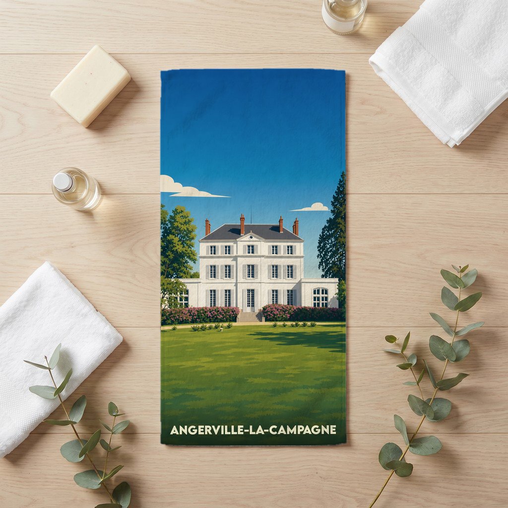 Serviette de bain souvenir de la ville d'Angerville-la-Campagne avec une illustration stylisée d'un manoir.