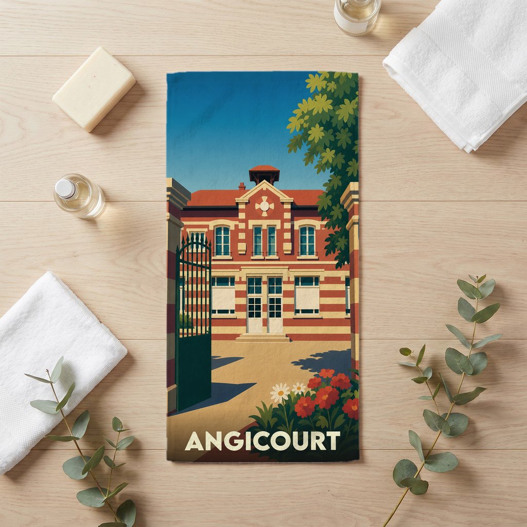 Serviette de bain souvenir de la ville de Angicourt arborant une illustration stylisée du bâtiment communal.