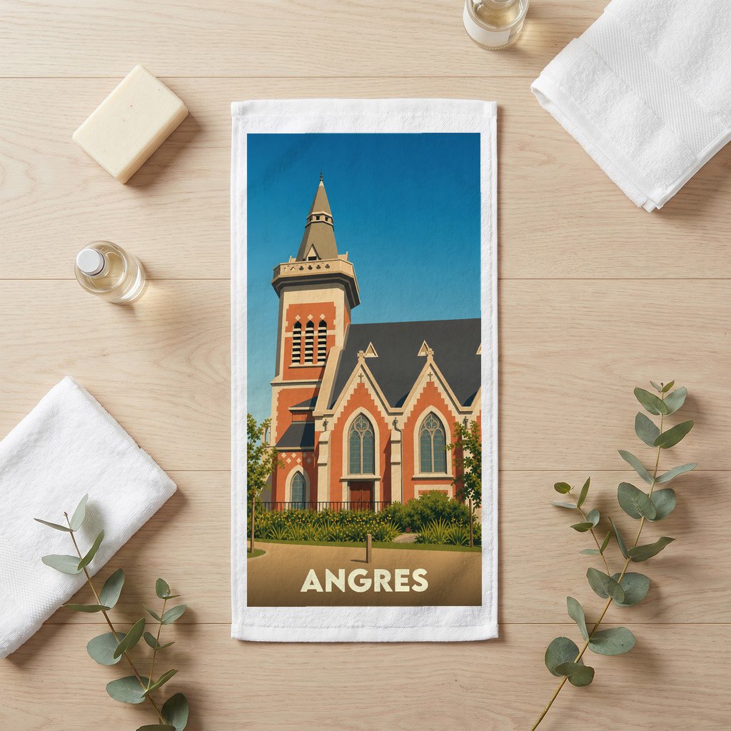 Serviette de bain souvenir de la ville d'Angres avec une illustration stylisée de son église.