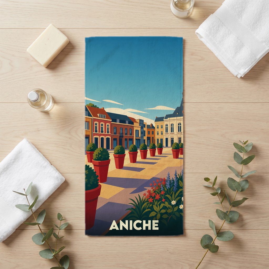 Serviette de bain souvenir de la ville d'Aniche avec une illustration stylisée d'une place urbaine fleurie.