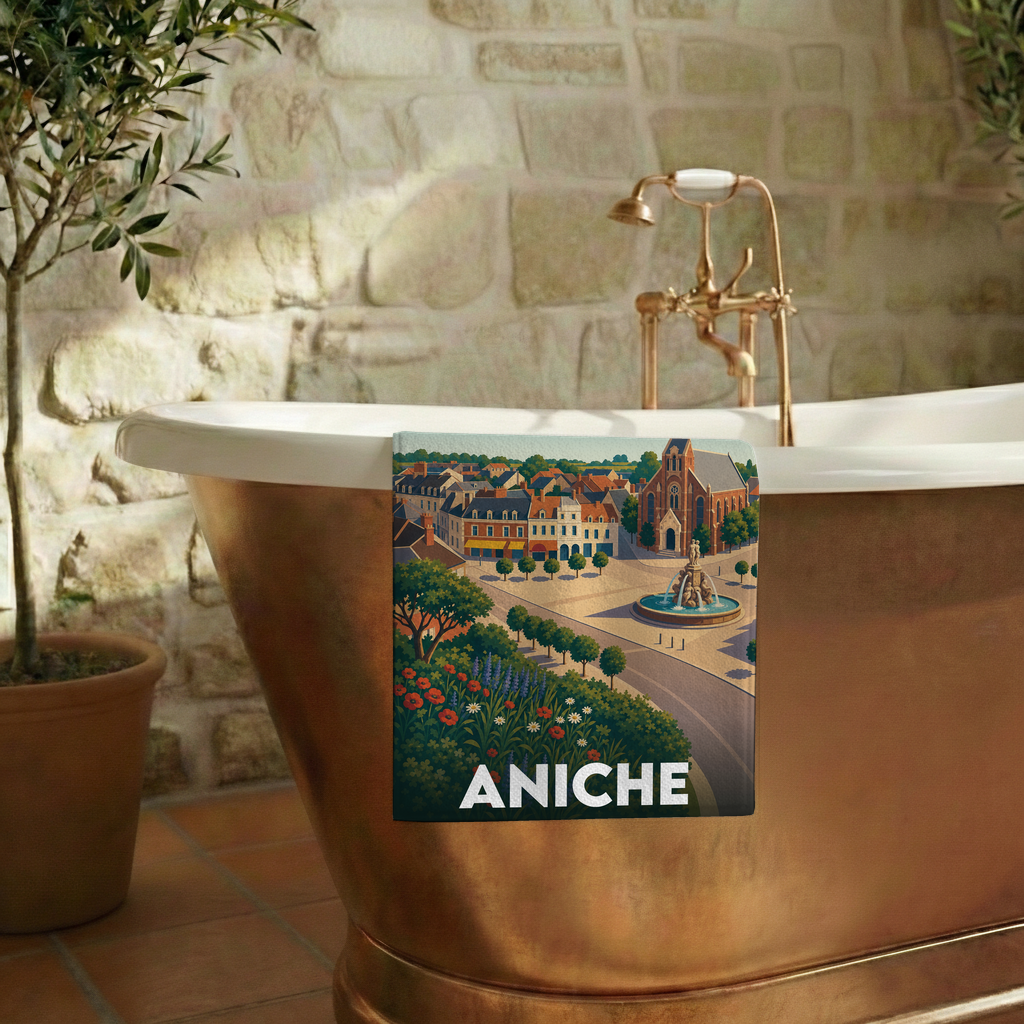 Serviette de bain souvenir de la ville d'Aniche avec une illustration stylisée.