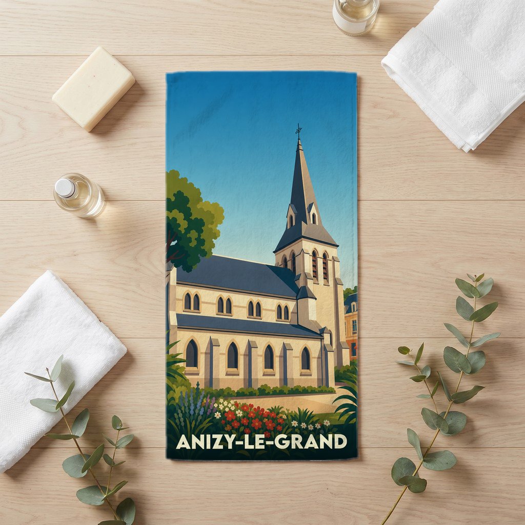 Serviette de bain souvenir de la ville d'Anizy-le-Grand illustrée par une église stylisée sous un ciel bleu.