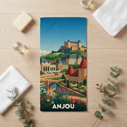 Serviette de bain souvenir de la ville de Anjou avec une illustration stylisée de son paysage urbain et de son château.