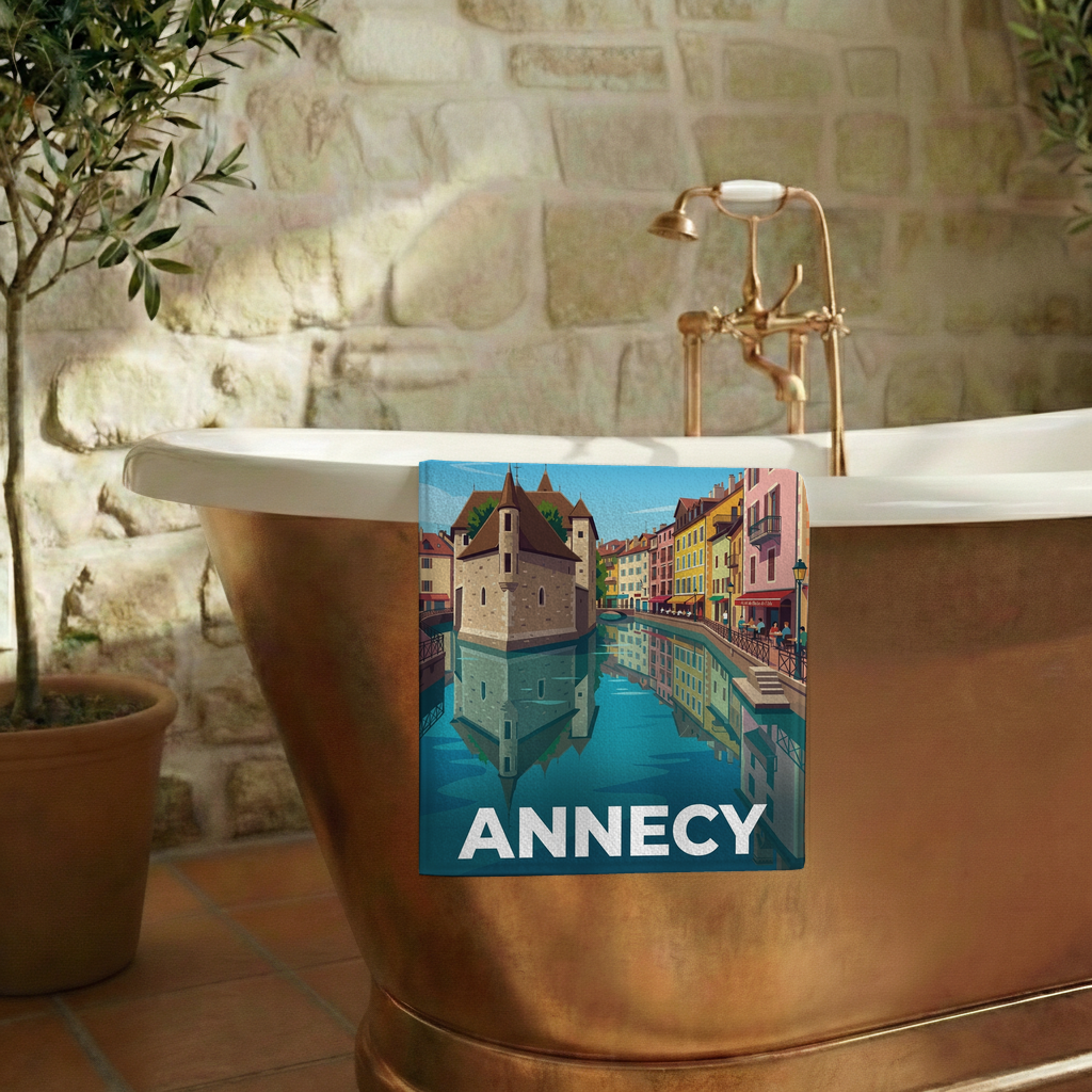 Serviette de bain souvenir de la ville d'Annecy avec une illustration stylisée.
